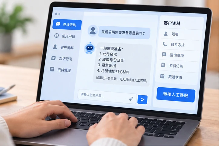 在线客服接待与咨询整理的服务场景示意
