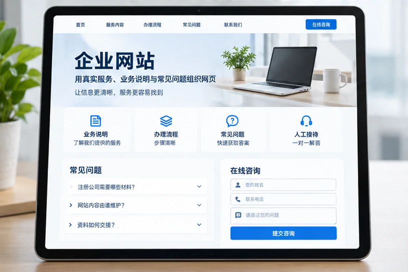 企业网站展示业务与服务信息的场景示意