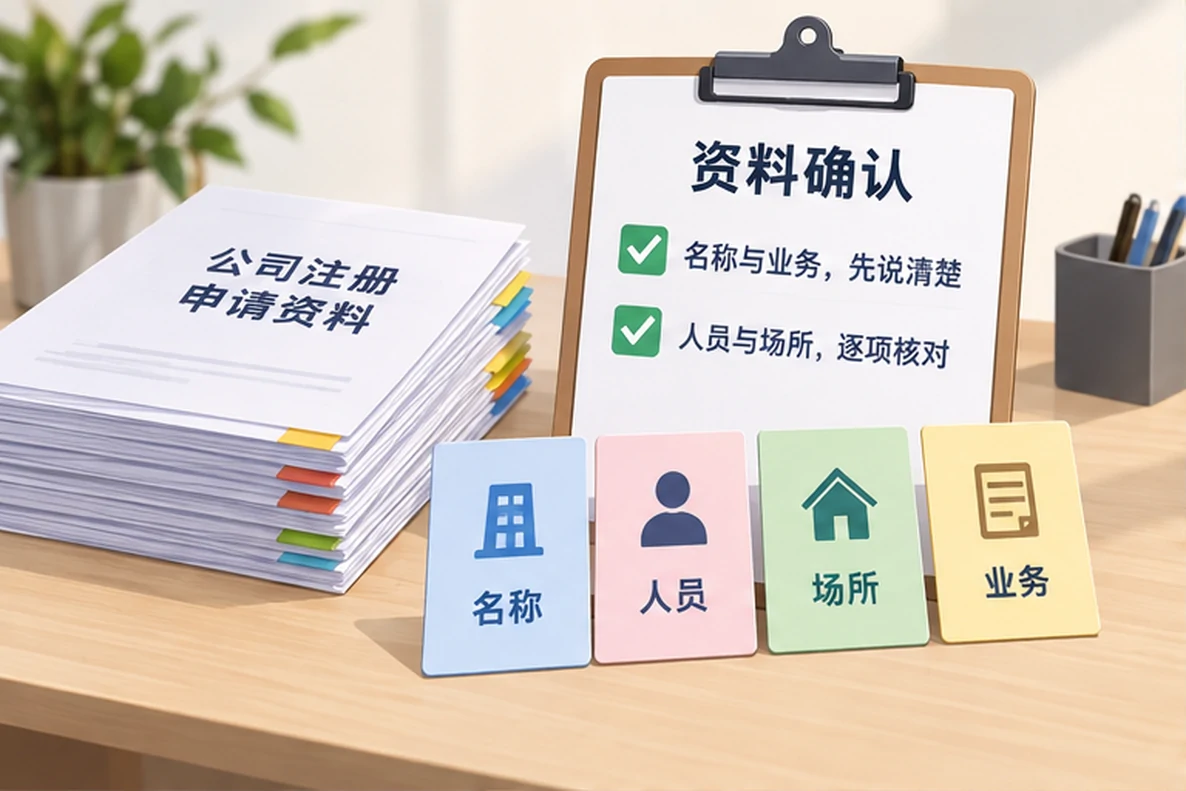 核对注册公司资料与办理事项的服务场景示意