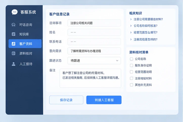 在线客服接待与咨询整理的服务场景示意