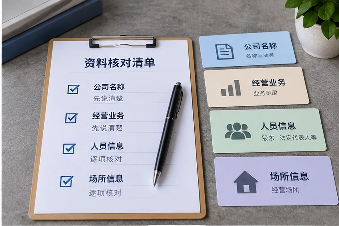核对注册公司资料与办理事项的服务场景示意