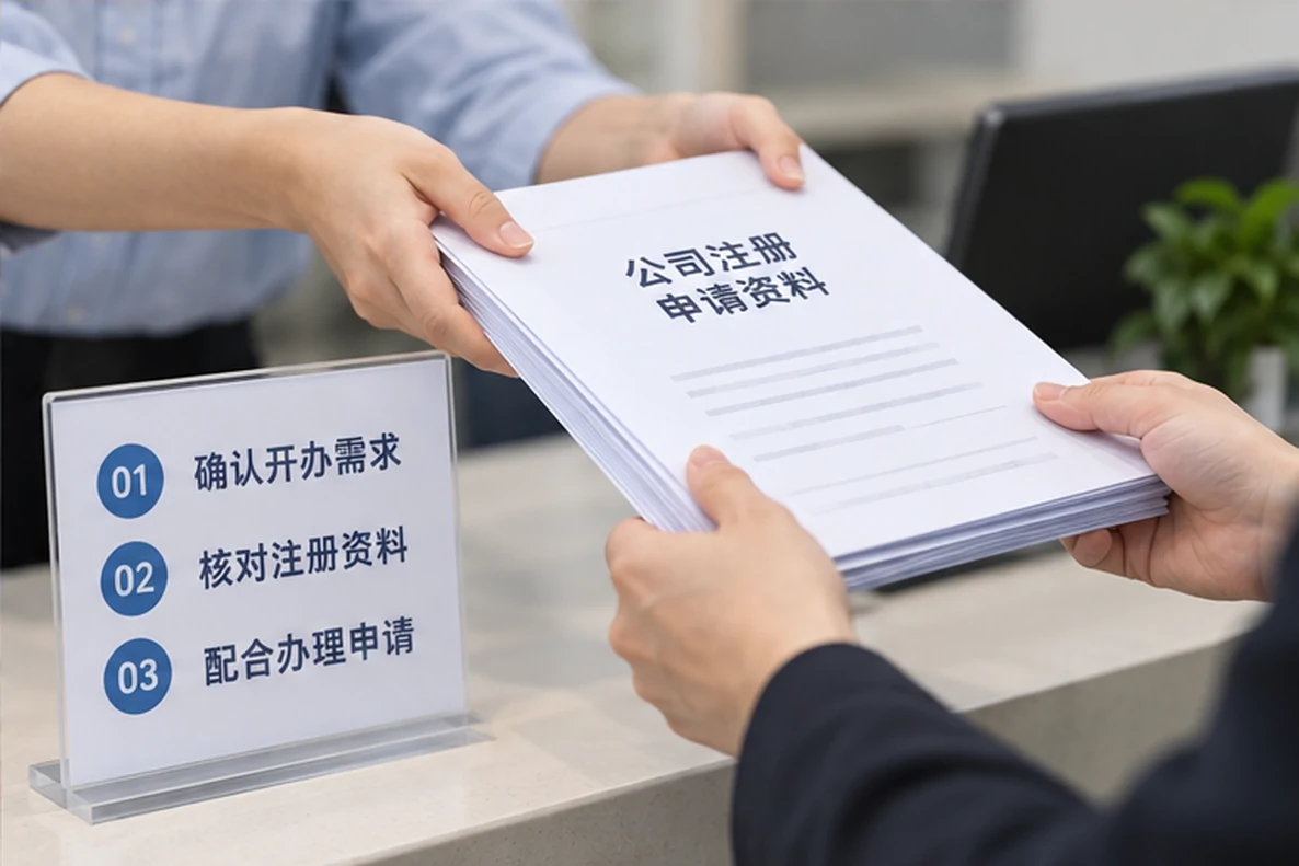 核对注册公司资料与办理事项的服务场景示意