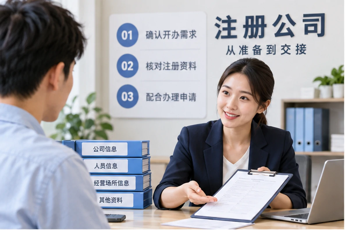 核对注册公司资料与办理事项的服务场景示意