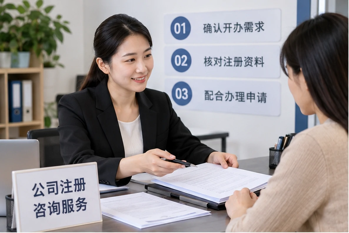 核对注册公司资料与办理事项的服务场景示意