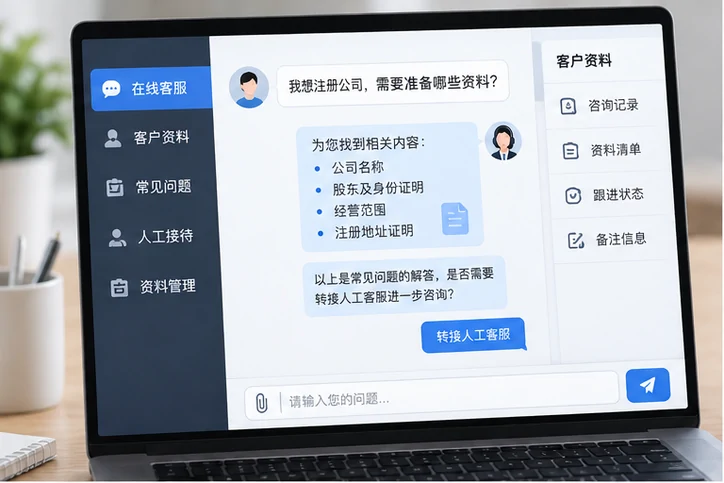 在线客服接待与咨询整理的服务场景示意