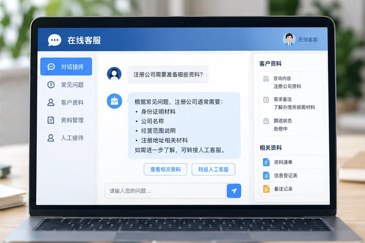 在线客服接待与咨询整理的服务场景示意