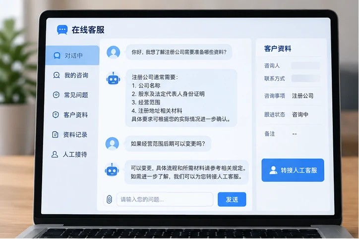 在线客服接待与咨询整理的服务场景示意