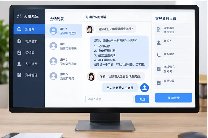 在线客服接待与咨询整理的服务场景示意