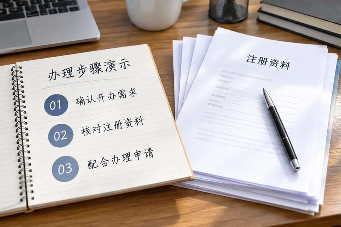 核对注册公司资料与办理事项的服务场景示意
