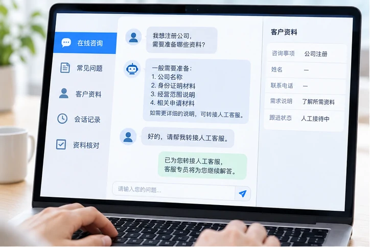 在线客服接待与咨询整理的服务场景示意