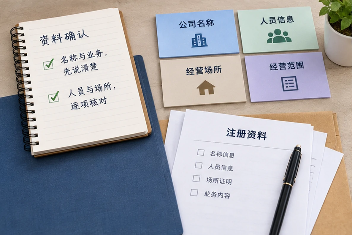 核对注册公司资料与办理事项的服务场景示意