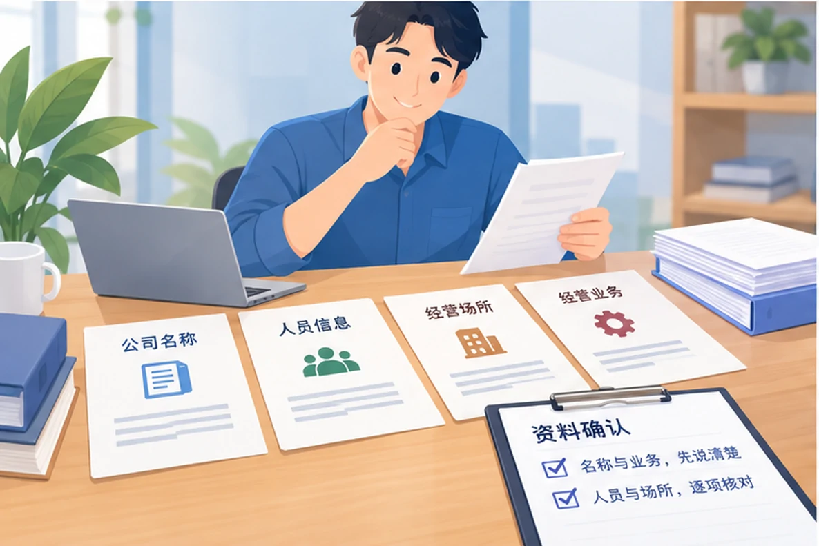 核对注册公司资料与办理事项的服务场景示意