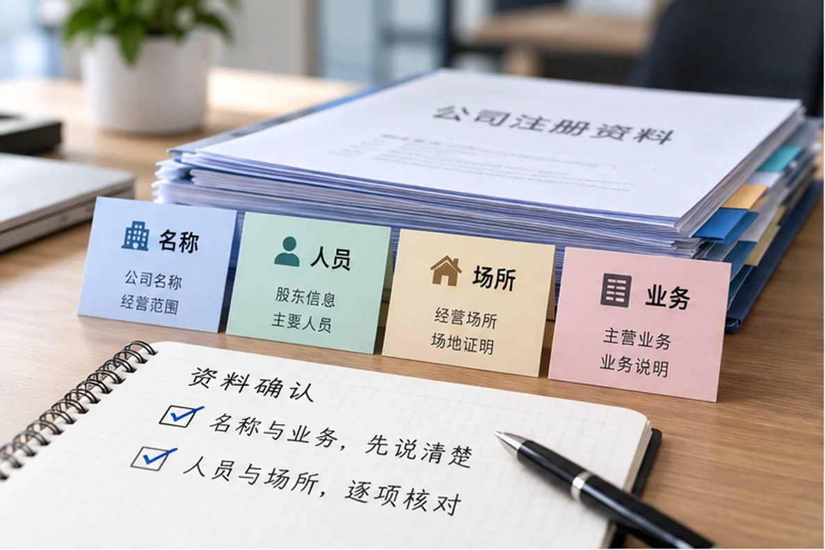 核对注册公司资料与办理事项的服务场景示意