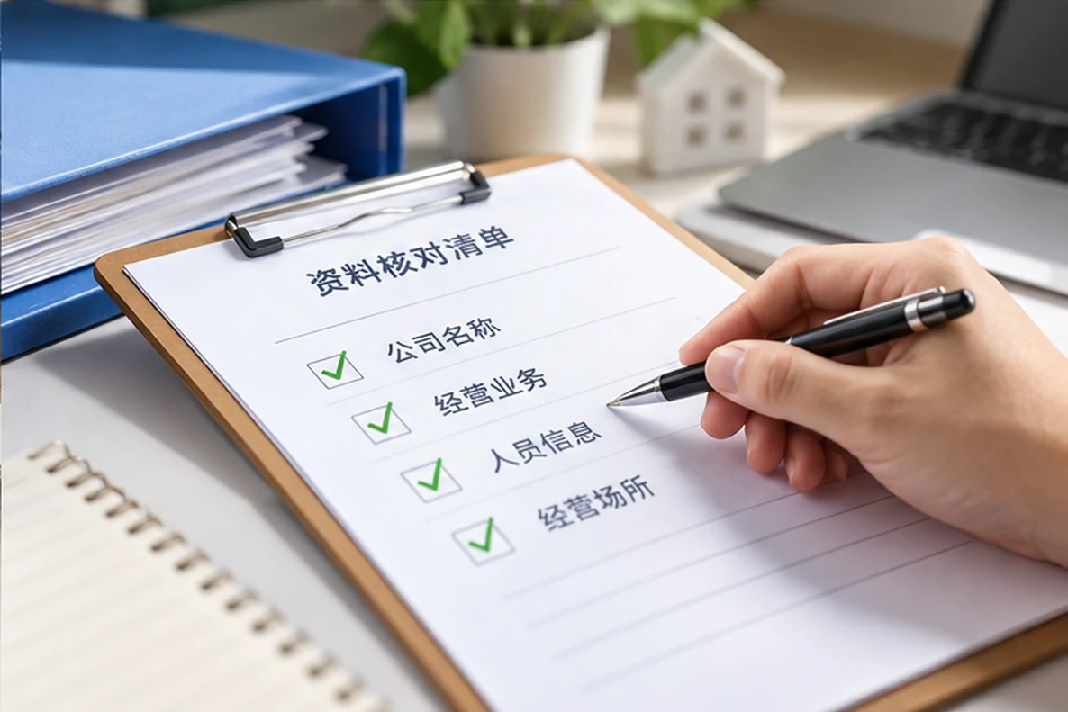 核对注册公司资料与办理事项的服务场景示意