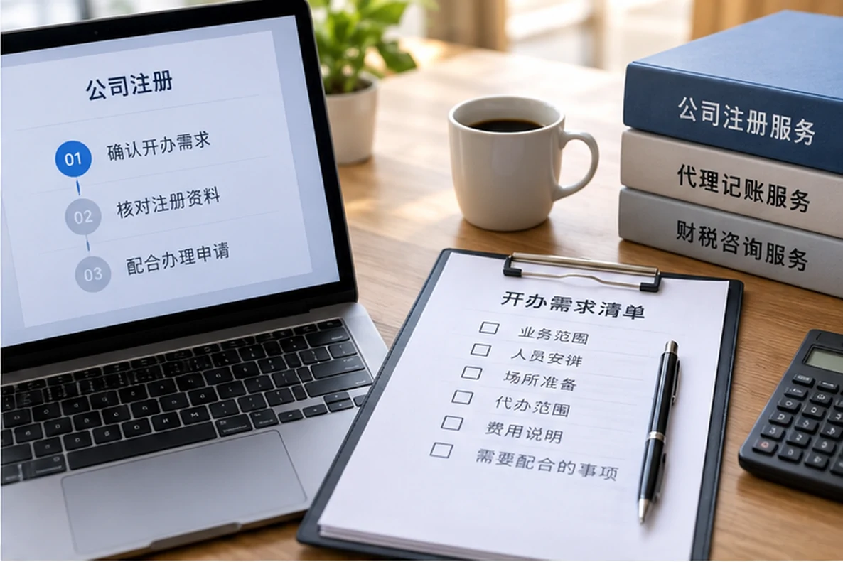 核对注册公司资料与办理事项的服务场景示意