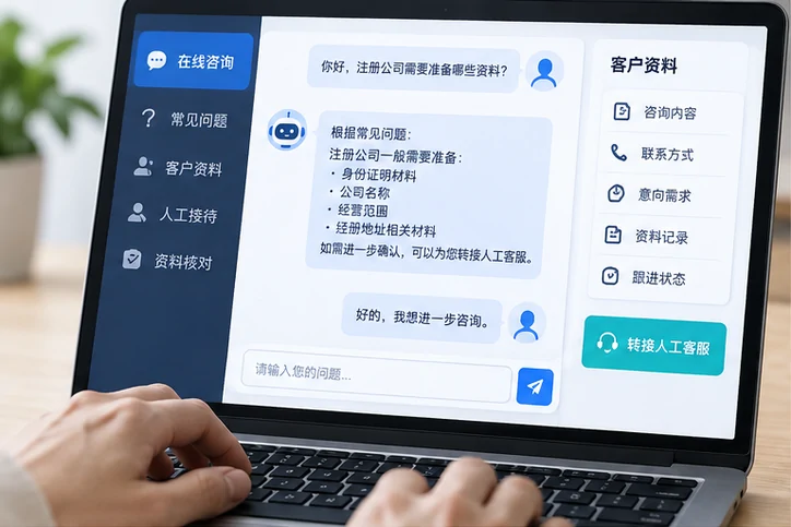在线客服接待与咨询整理的服务场景示意
