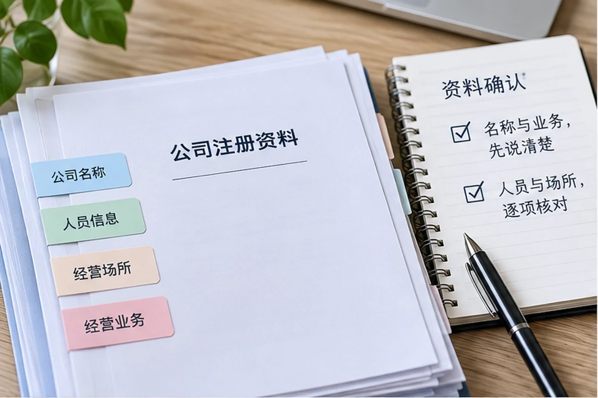 核对注册公司资料与办理事项的服务场景示意