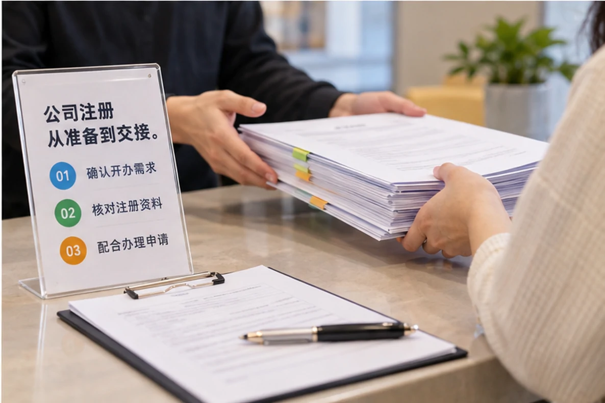 核对注册公司资料与办理事项的服务场景示意