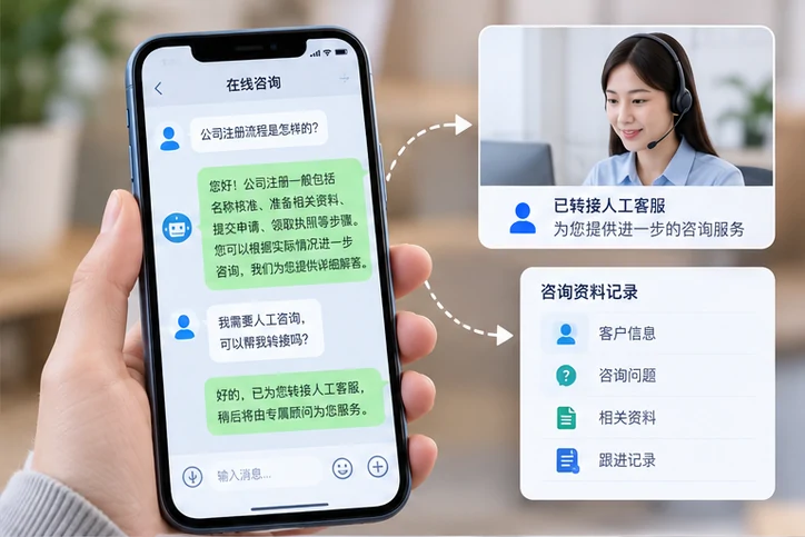在线客服接待与咨询整理的服务场景示意