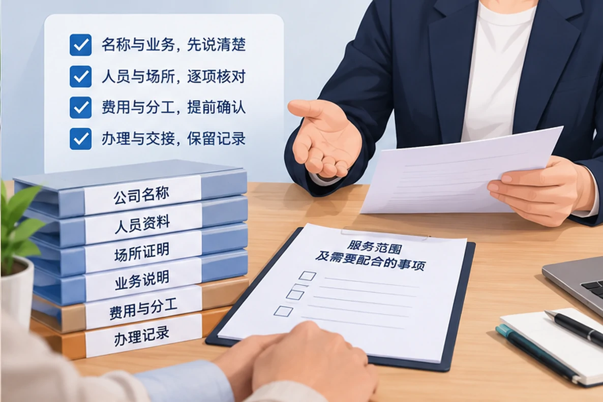 核对注册公司资料与办理事项的服务场景示意