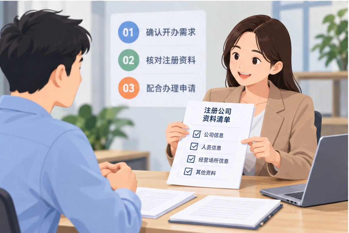 核对注册公司资料与办理事项的服务场景示意