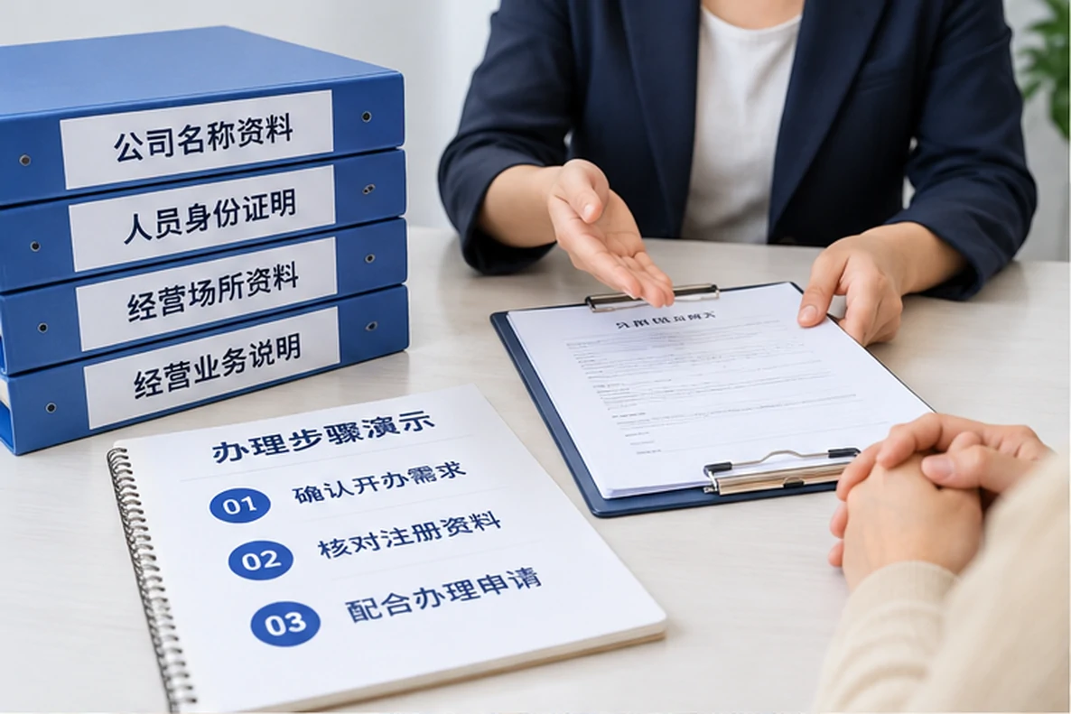 核对注册公司资料与办理事项的服务场景示意