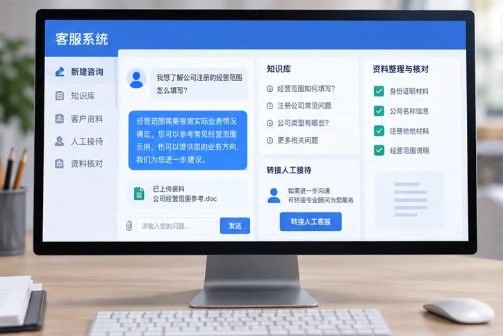 在线客服接待与咨询整理的服务场景示意