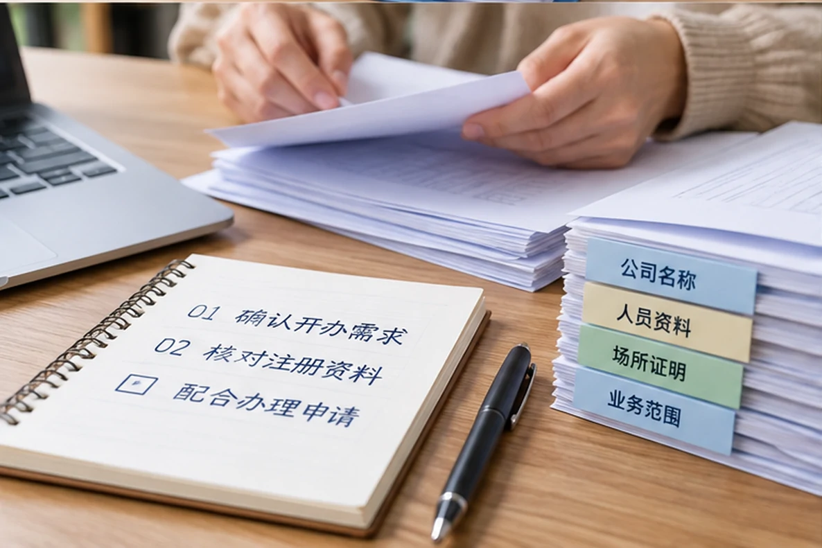 核对注册公司资料与办理事项的服务场景示意