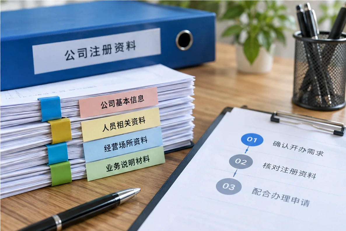 核对注册公司资料与办理事项的服务场景示意