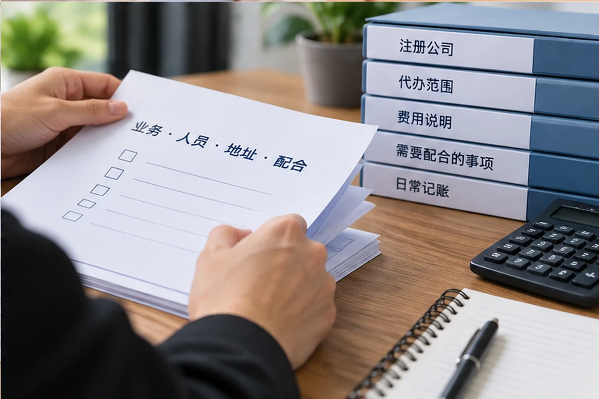 核对注册公司资料与办理事项的服务场景示意