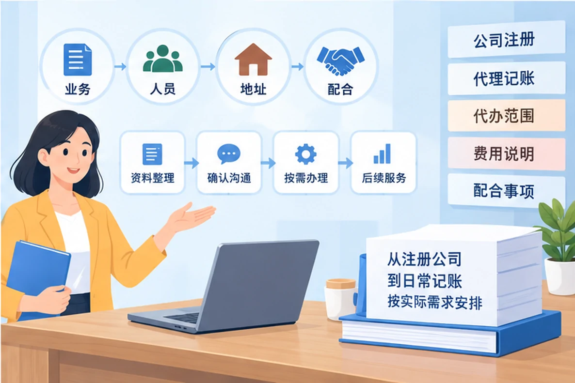 核对注册公司资料与办理事项的服务场景示意