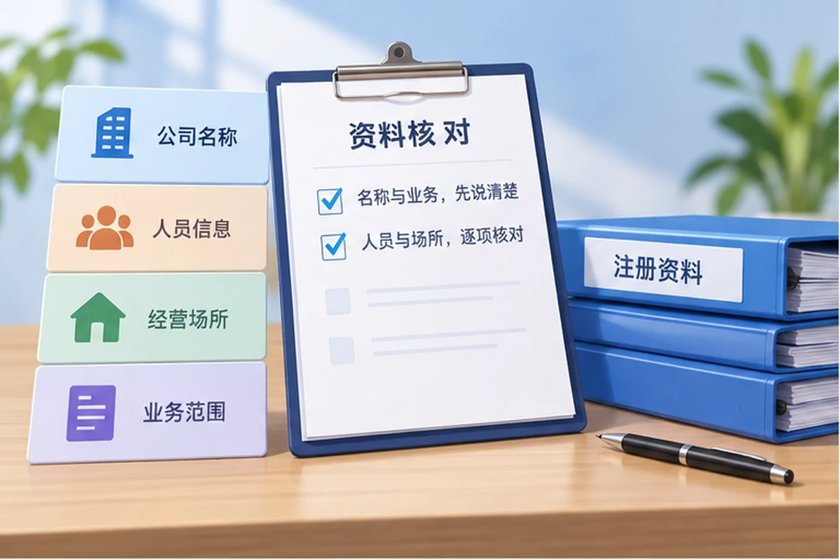 核对注册公司资料与办理事项的服务场景示意