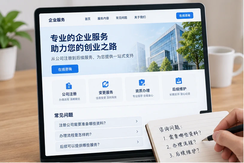 企业网站展示业务与服务信息的场景示意
