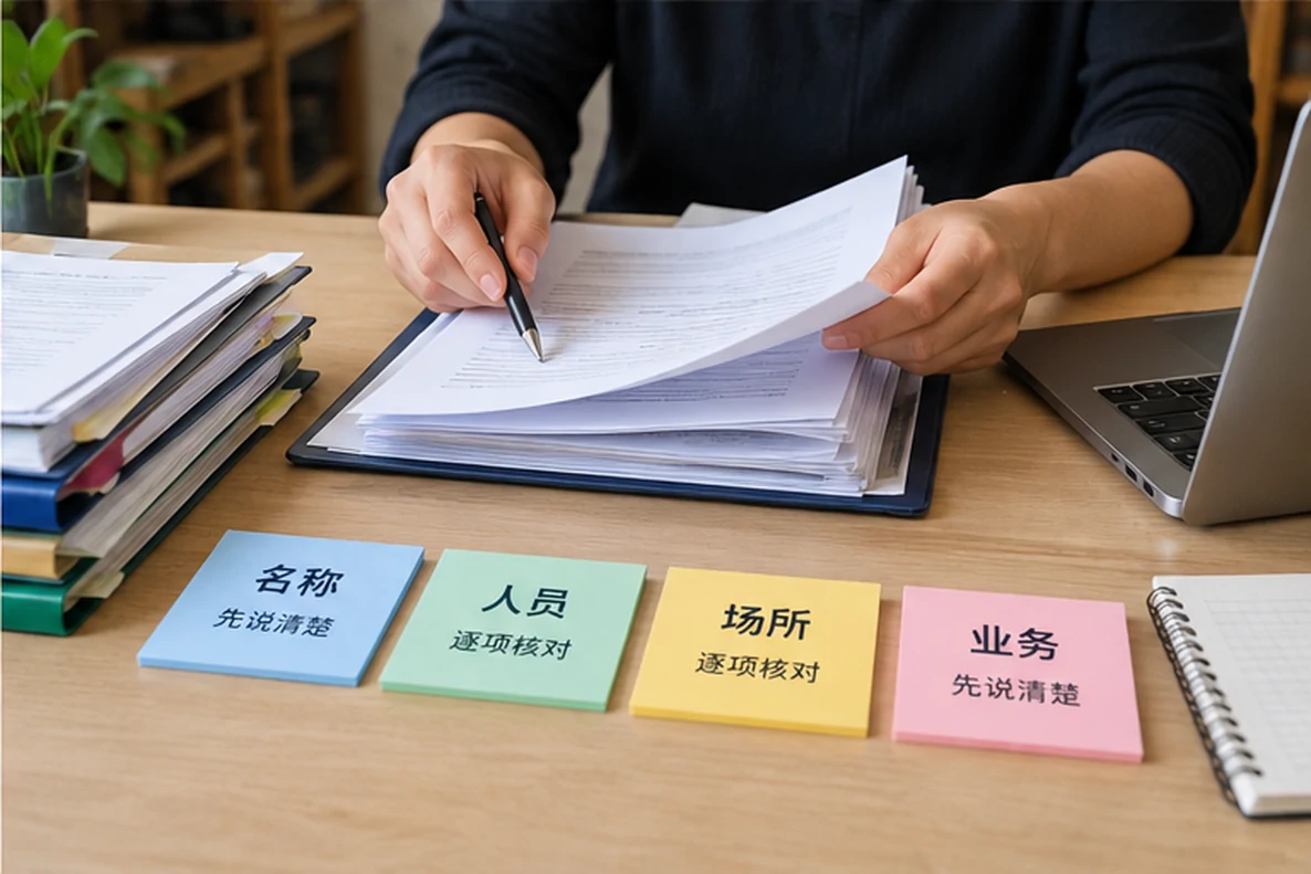 核对注册公司资料与办理事项的服务场景示意