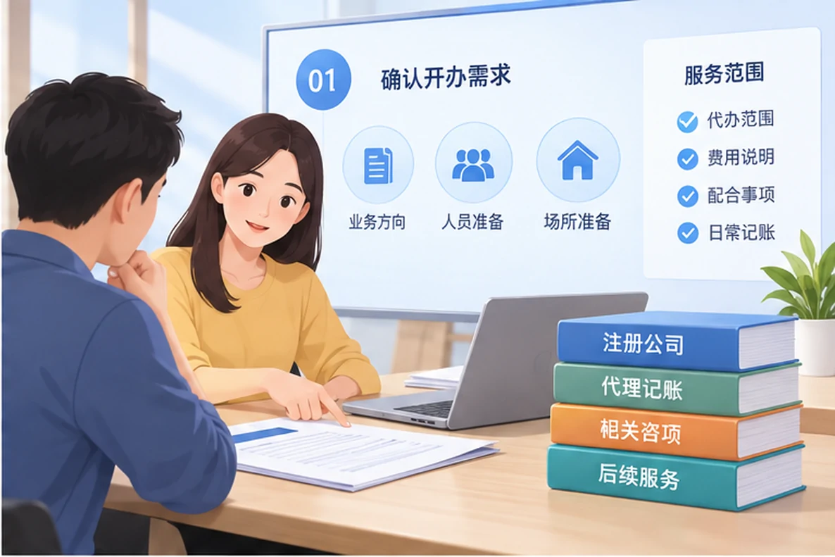 核对注册公司资料与办理事项的服务场景示意