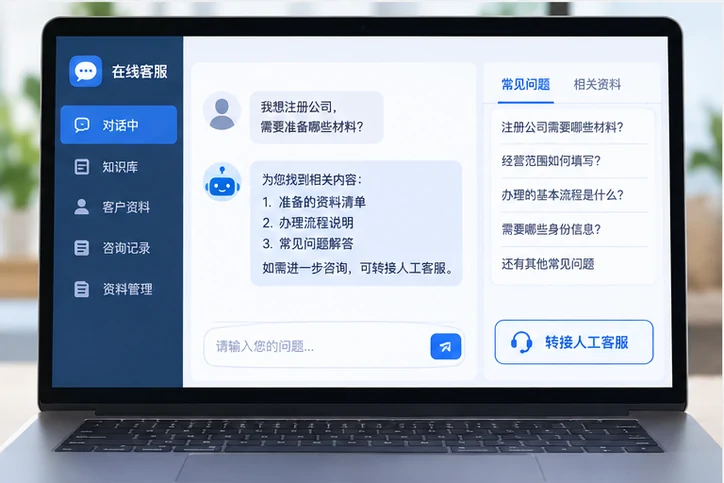 在线客服接待与咨询整理的服务场景示意