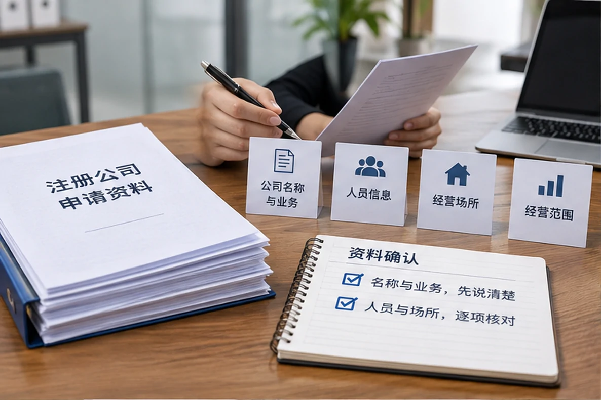 核对注册公司资料与办理事项的服务场景示意