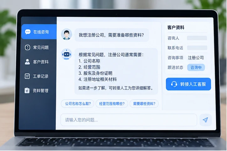在线客服接待与咨询整理的服务场景示意