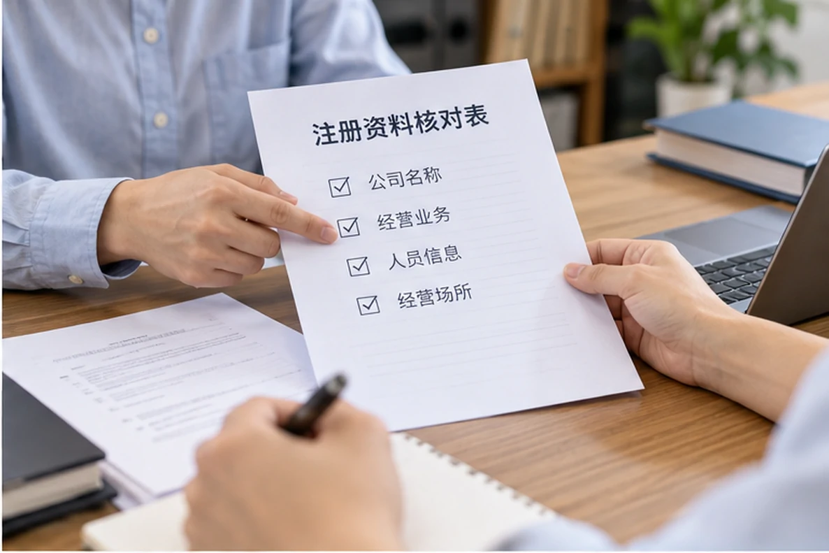 核对注册公司资料与办理事项的服务场景示意