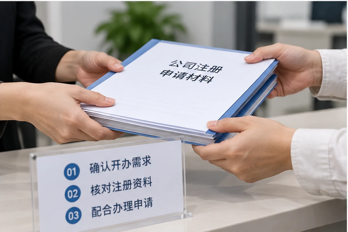 核对注册公司资料与办理事项的服务场景示意