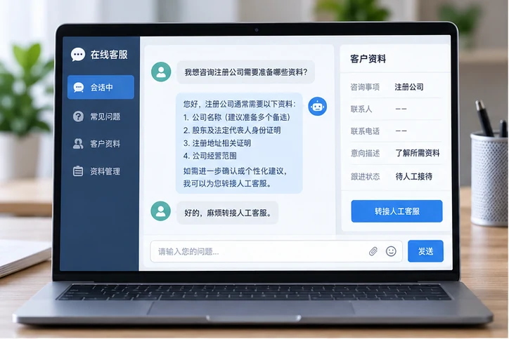 在线客服接待与咨询整理的服务场景示意