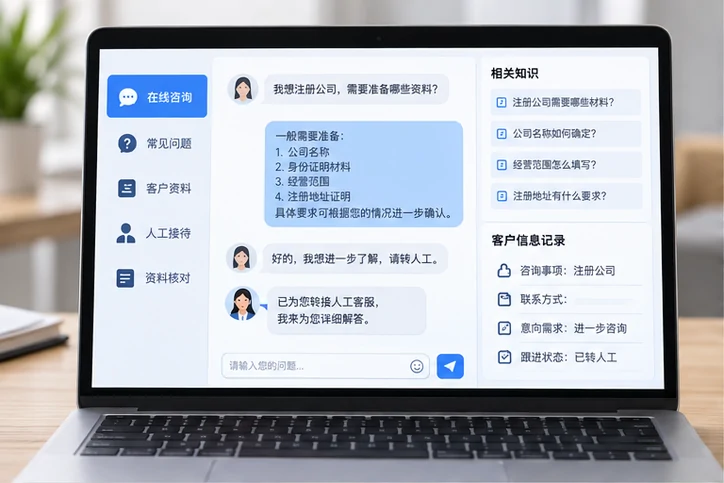 在线客服接待与咨询整理的服务场景示意