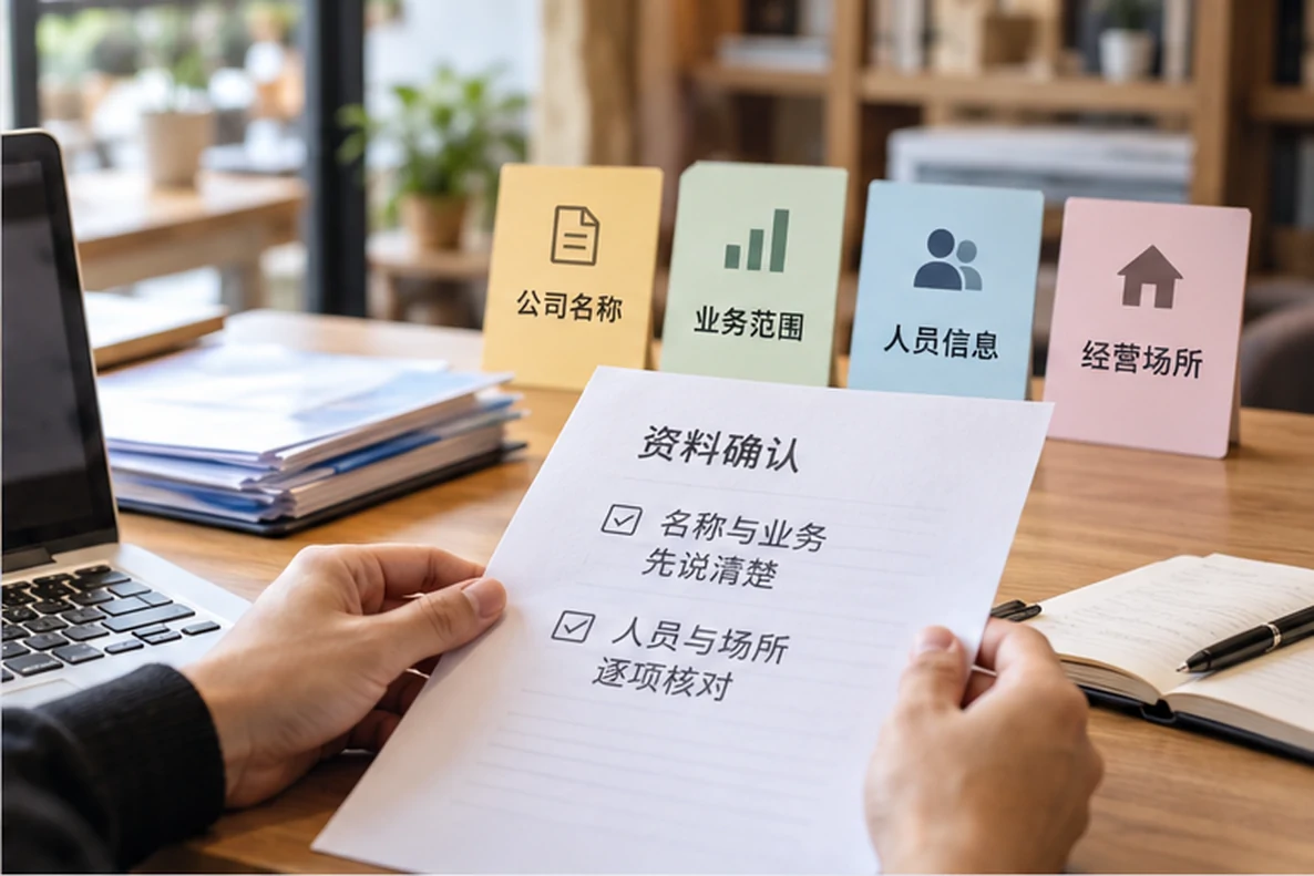 核对注册公司资料与办理事项的服务场景示意