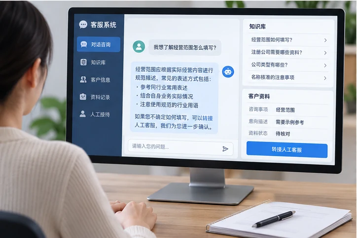 在线客服接待与咨询整理的服务场景示意
