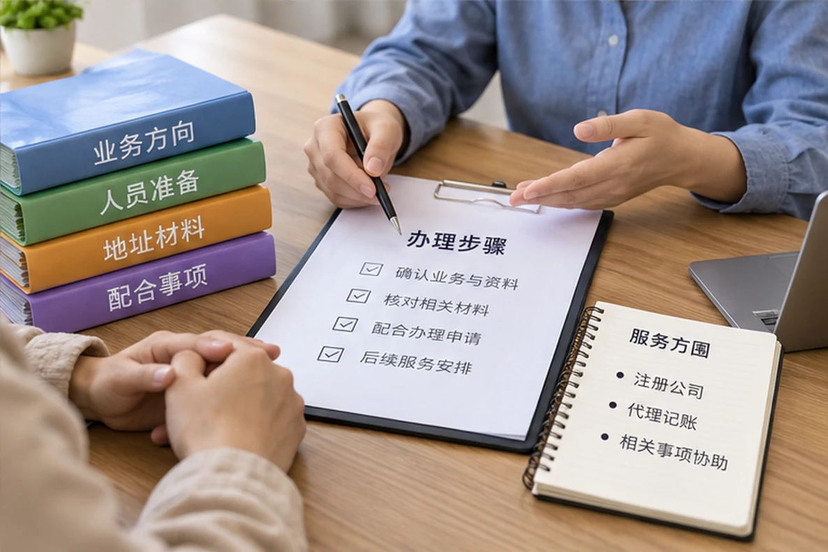 核对注册公司资料与办理事项的服务场景示意