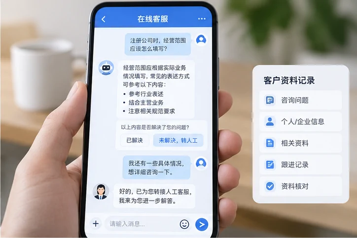 在线客服接待与咨询整理的服务场景示意