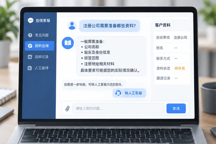 在线客服接待与咨询整理的服务场景示意