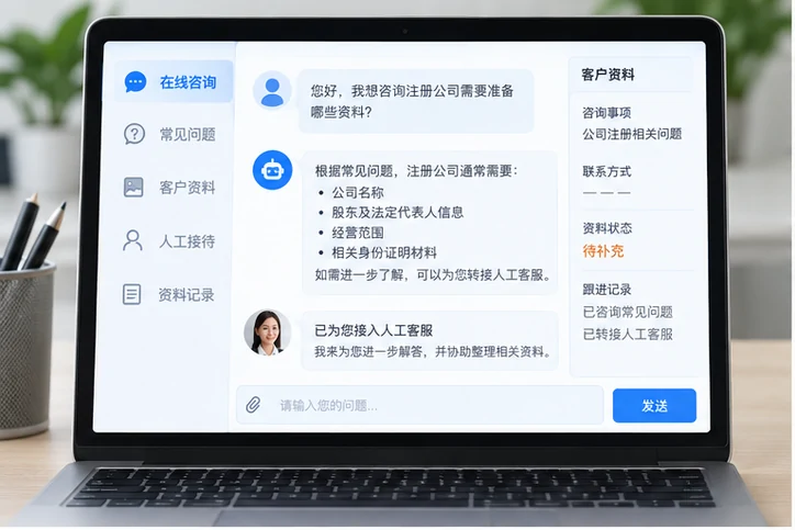 在线客服接待与咨询整理的服务场景示意