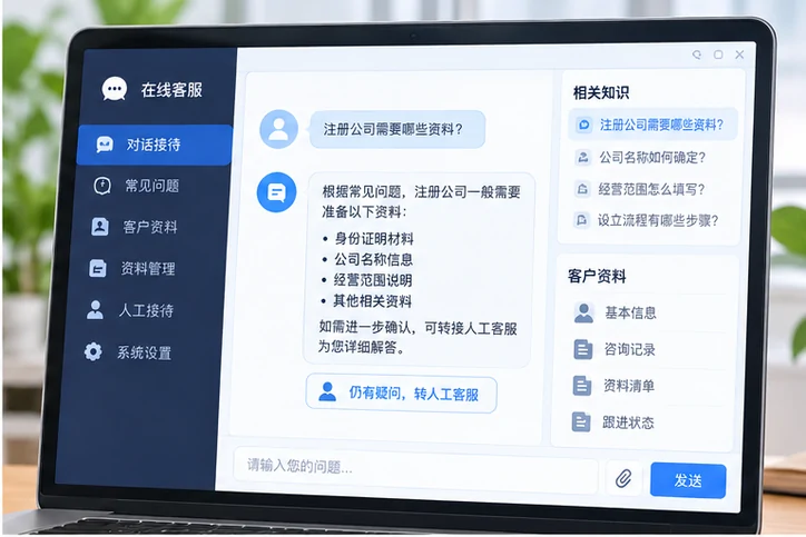 在线客服接待与咨询整理的服务场景示意