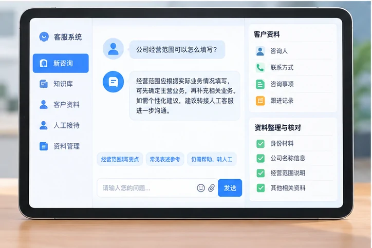 在线客服接待与咨询整理的服务场景示意
